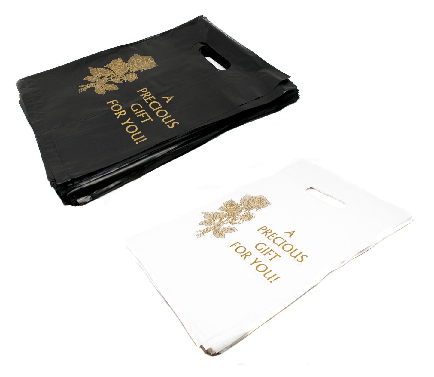 12 x 15 inch Patch handle bags, white and black. Both say " a precious gift for you!" on the bag.