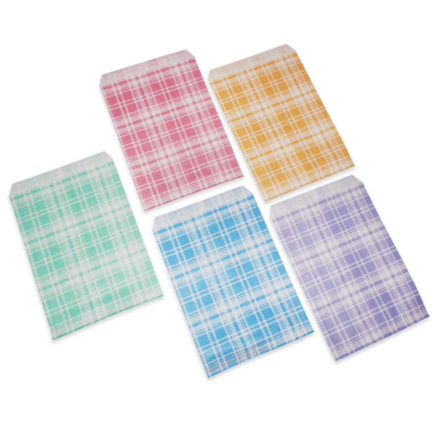 Assortment of Colorful Plaid Flat Paper Bags - 100Bags/Pack - Multiple Sizes