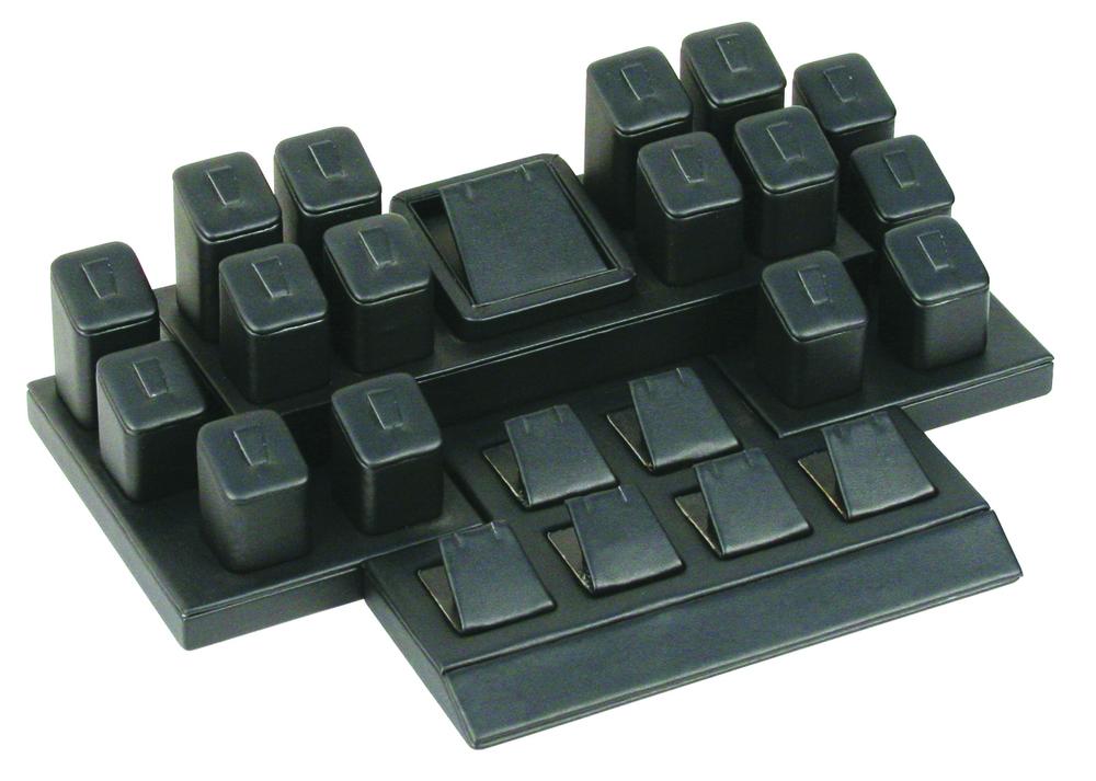 Black Leatherette 16-Ring & 7 Earring/Pendant Jewelry Display Set with Base