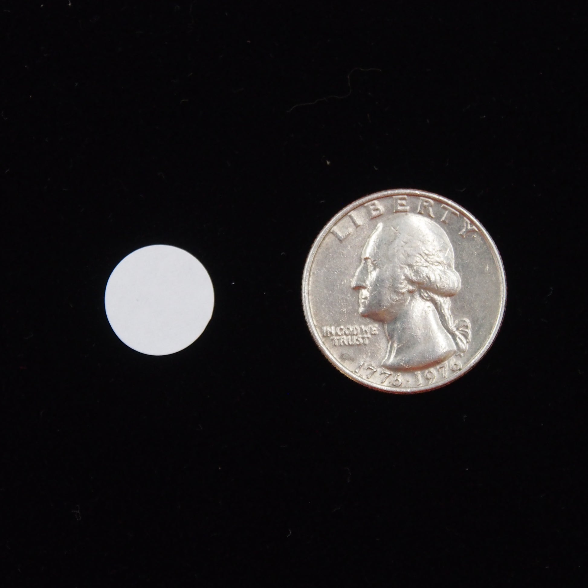 Circle Self Adhesive Plain Label 1/2" next to a U.S. Quarter