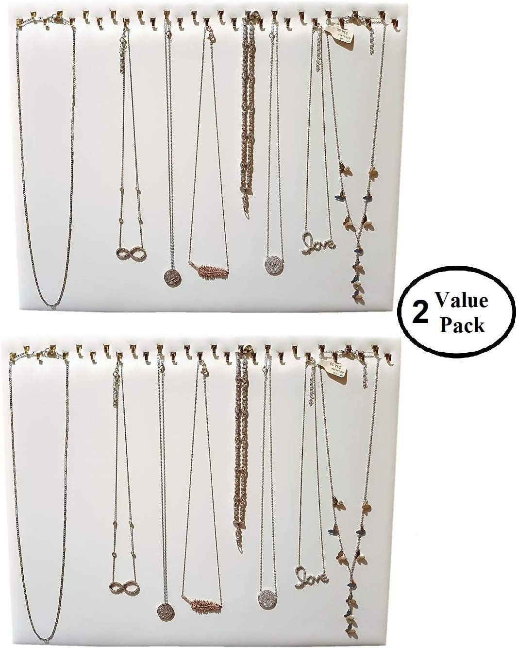 2-Pack 14.5" x 12"H White Leatherette Necklace display pad with 29 Hooks and a self standing easel