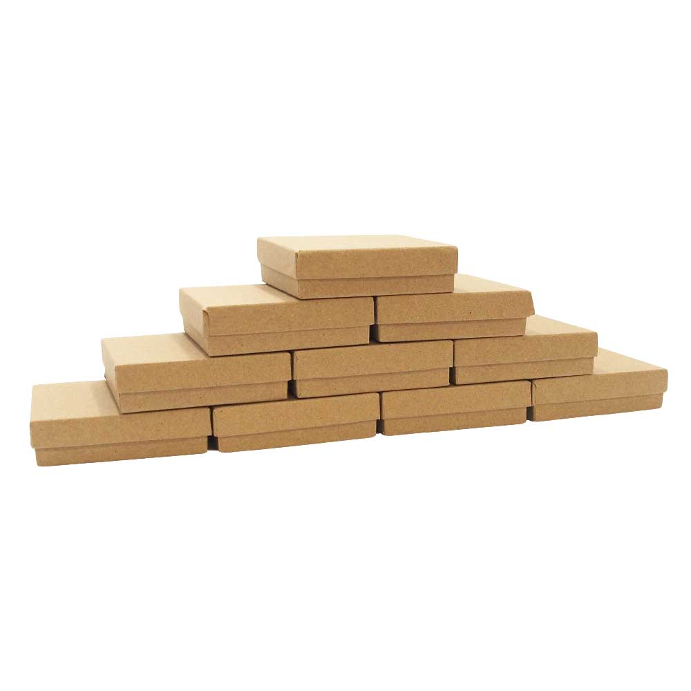 10 Kraft Brown cotton filled boxes stacked in Pyramid display