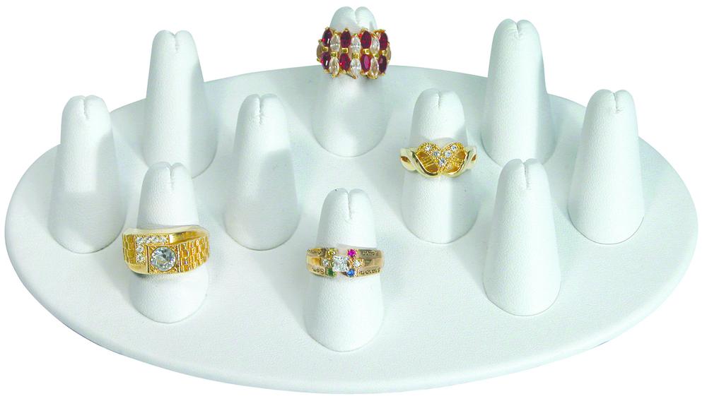 White Faux Leather 10-Ring Display with Oval Base Jewelry Display