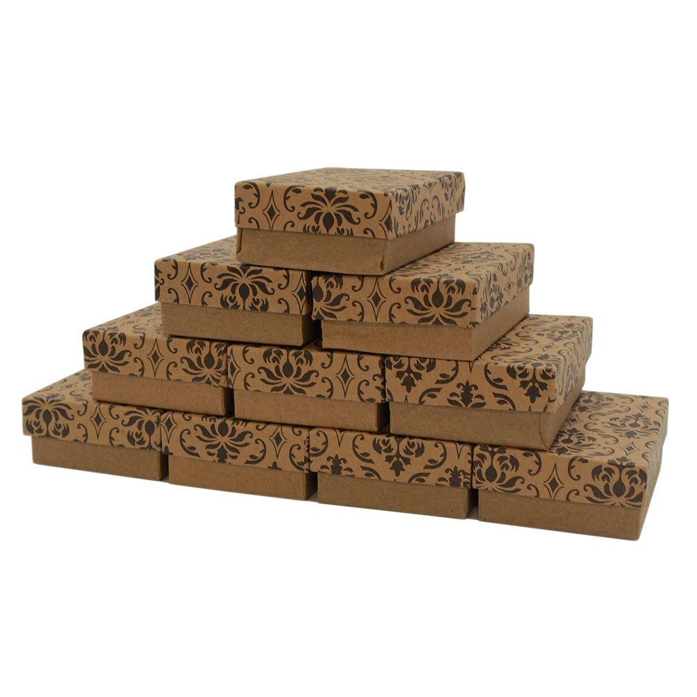 Pyramid stack of 10 Damask Print cotton filled boxes for display