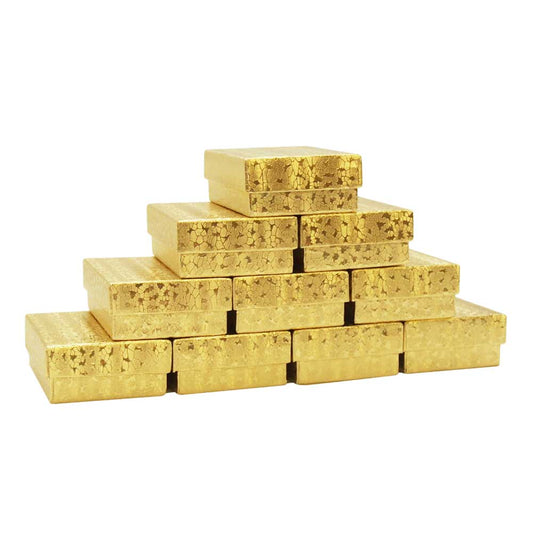 10 Gold Foil Cotton Filled Boxes Stacked in pyramid shape