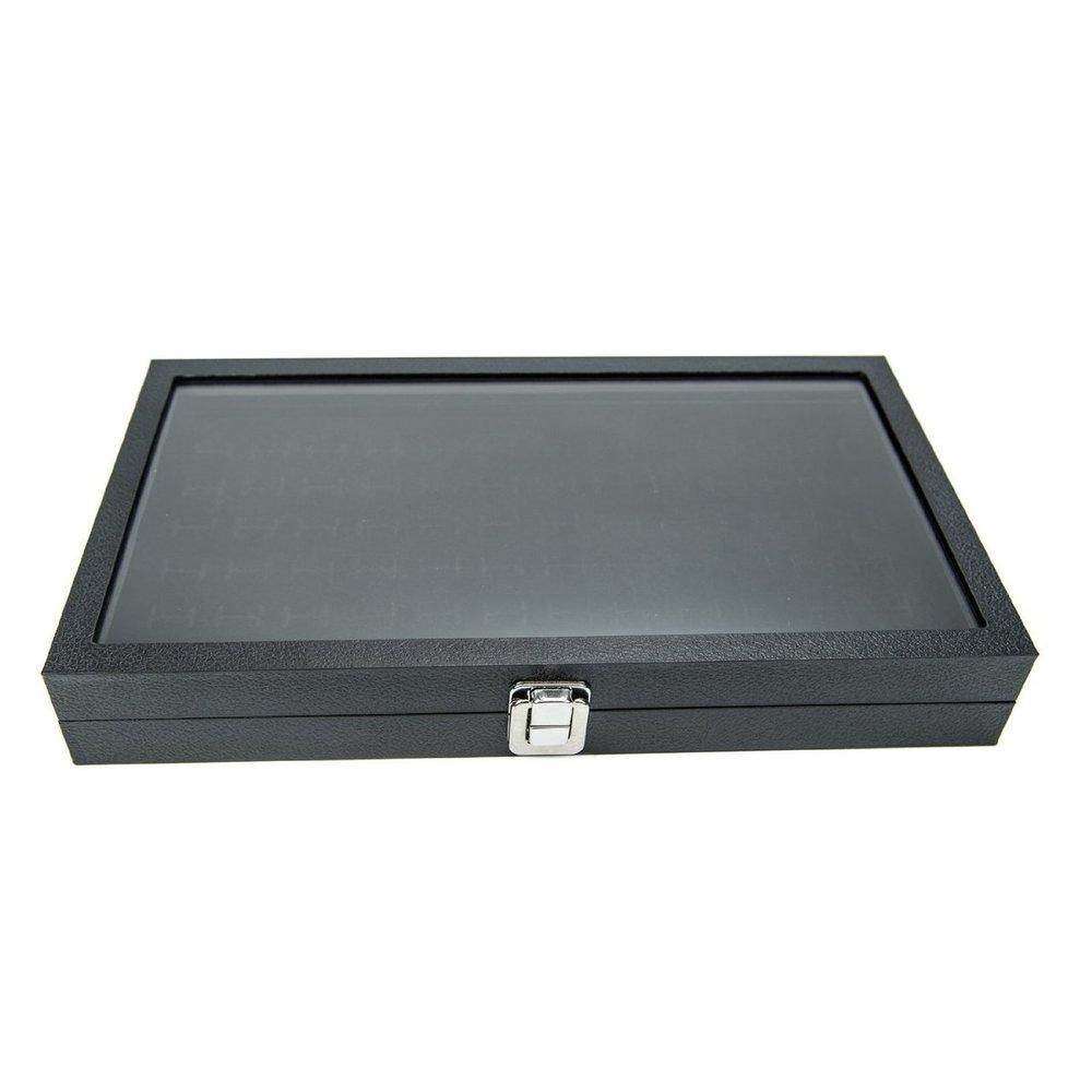 72 Black Ring Display Deluxe Large Clear Glass Top Lid with Metal Claps Display Tray - 14 3/4" x 8 1/4" x 2 1/4"H