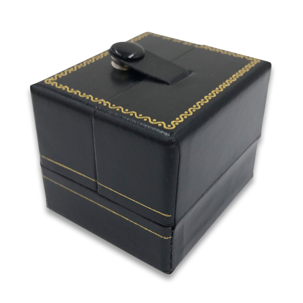 Black/Black Finger Ring Snap-Tab Leatherette Box closed to show outer box details.