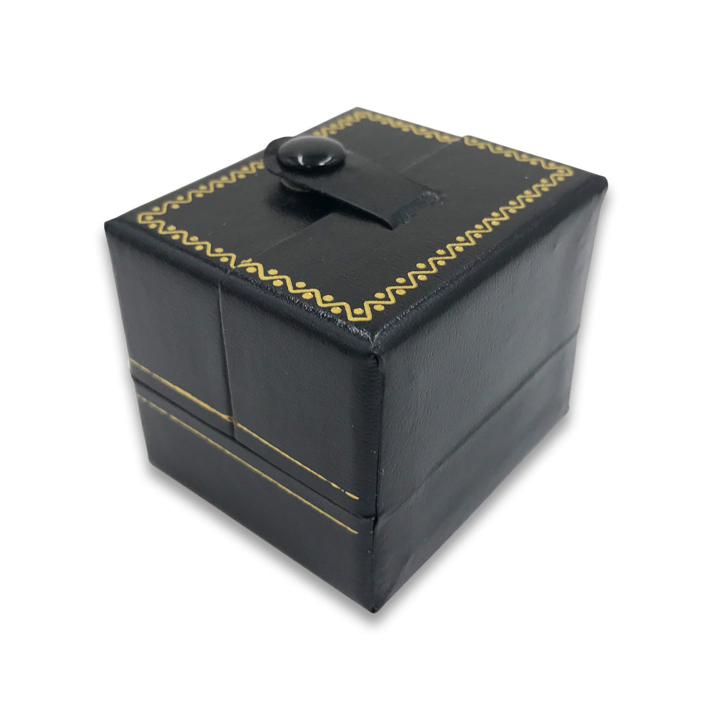 Black/White Large Ring Snap-Tab Leatherette Box Closed to show exterior box details.