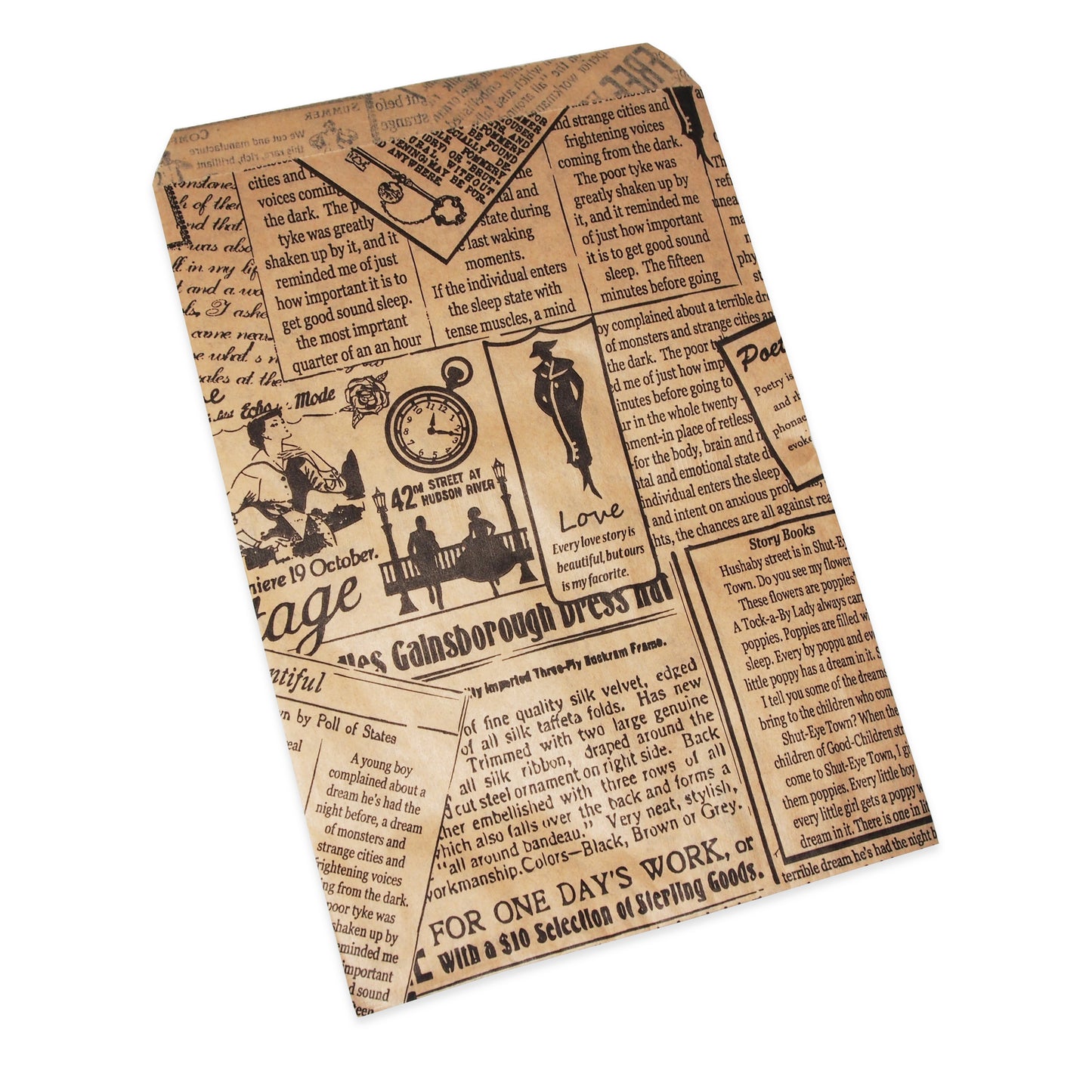 Newspaper Print Pattern Flat Paper Bags - 100Bags/Pack - Multiple Sizes