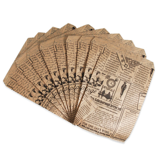 Newspaper Print Pattern Flat Paper Bags - 100Bags/Pack - Multiple Sizes
