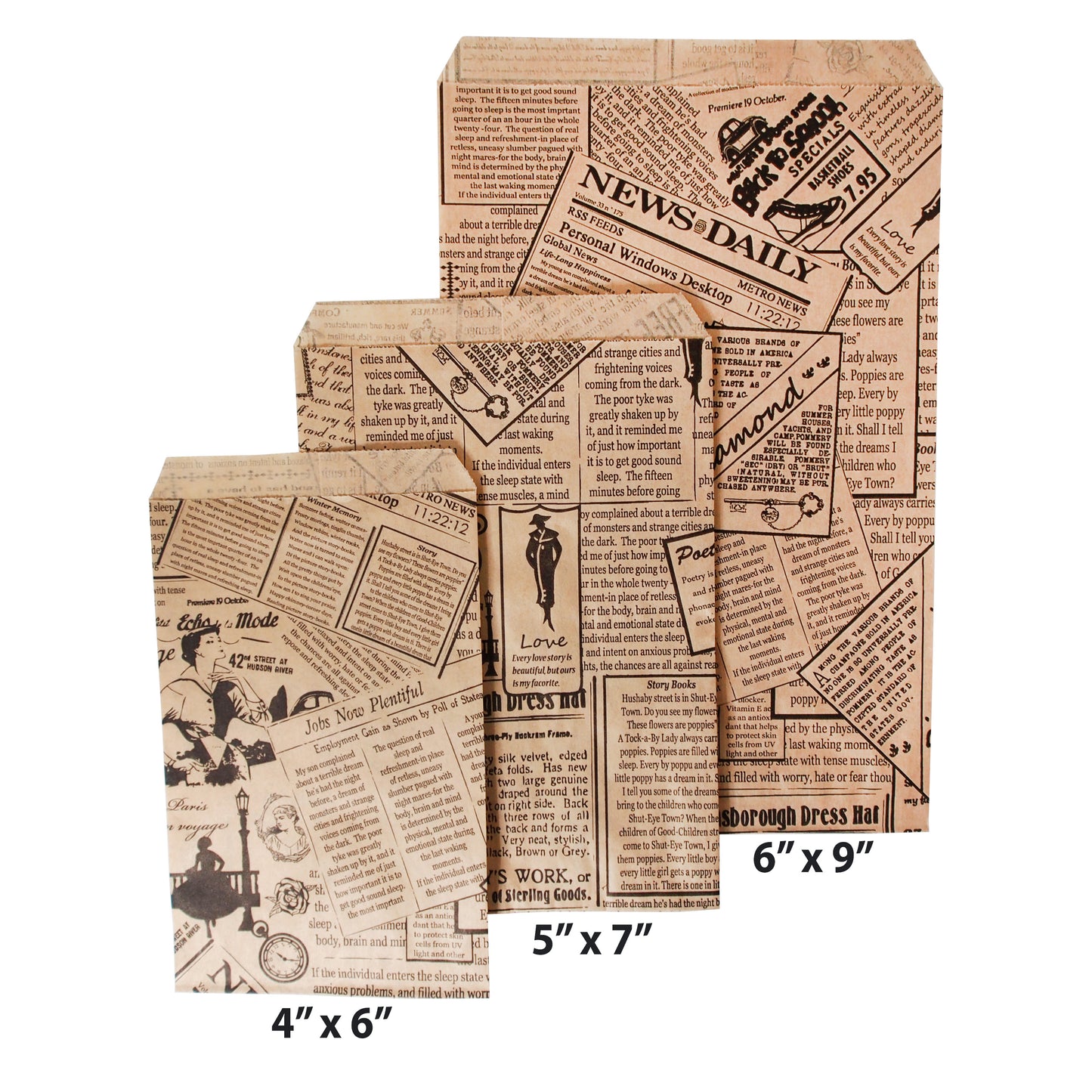 Newspaper Print Pattern Flat Paper Bags - 100Bags/Pack - Multiple Sizes