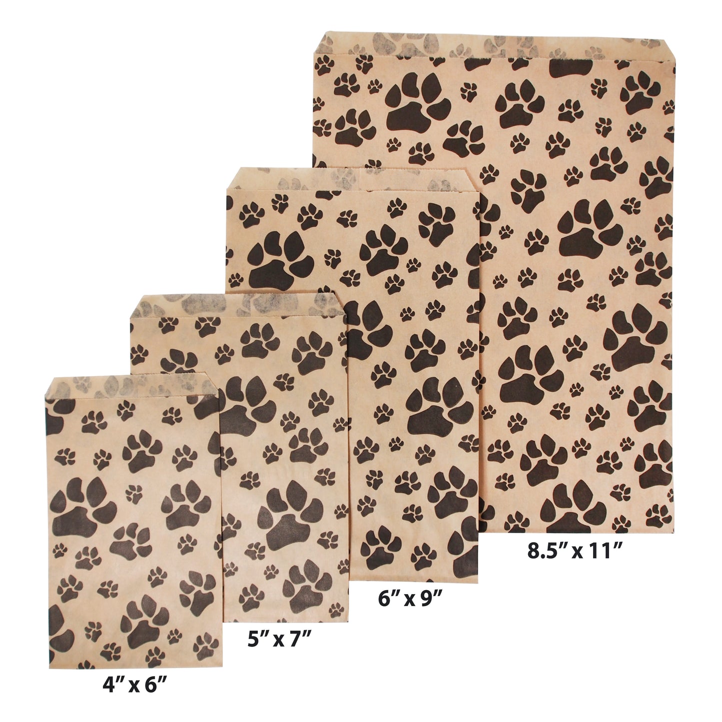 Paw Print - Flat Paper Bags - 100Bags/Pack - Multiple Sizes