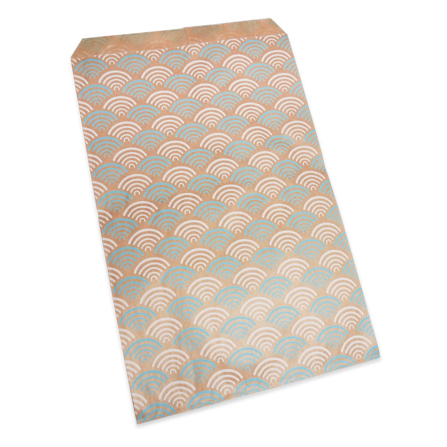 Decorative Flat Paper Gift Bags - Baby-Blue Fan Pattern on Brown Kraft Bags - 20/50 / 100/200 / 300 Qty