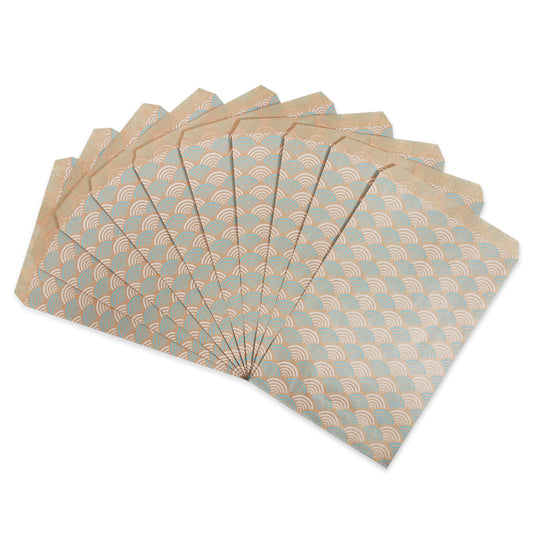 Decorative Flat Paper Gift Bags - Baby-Blue Fan Pattern on Brown Kraft Bags - 20/50 / 100/200 / 300 Qty