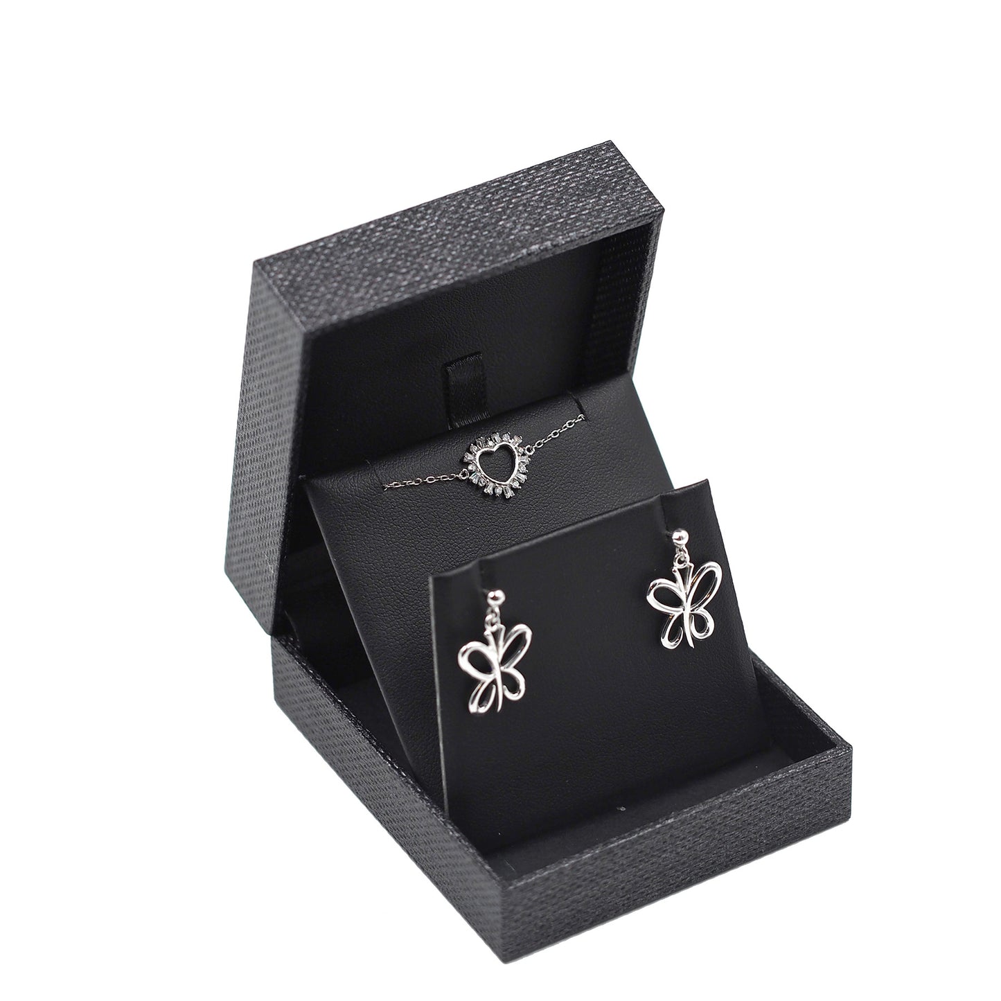 Premium Mesh Grey Jewelry Boxes with Padded Black Faux Leather Inset Tops