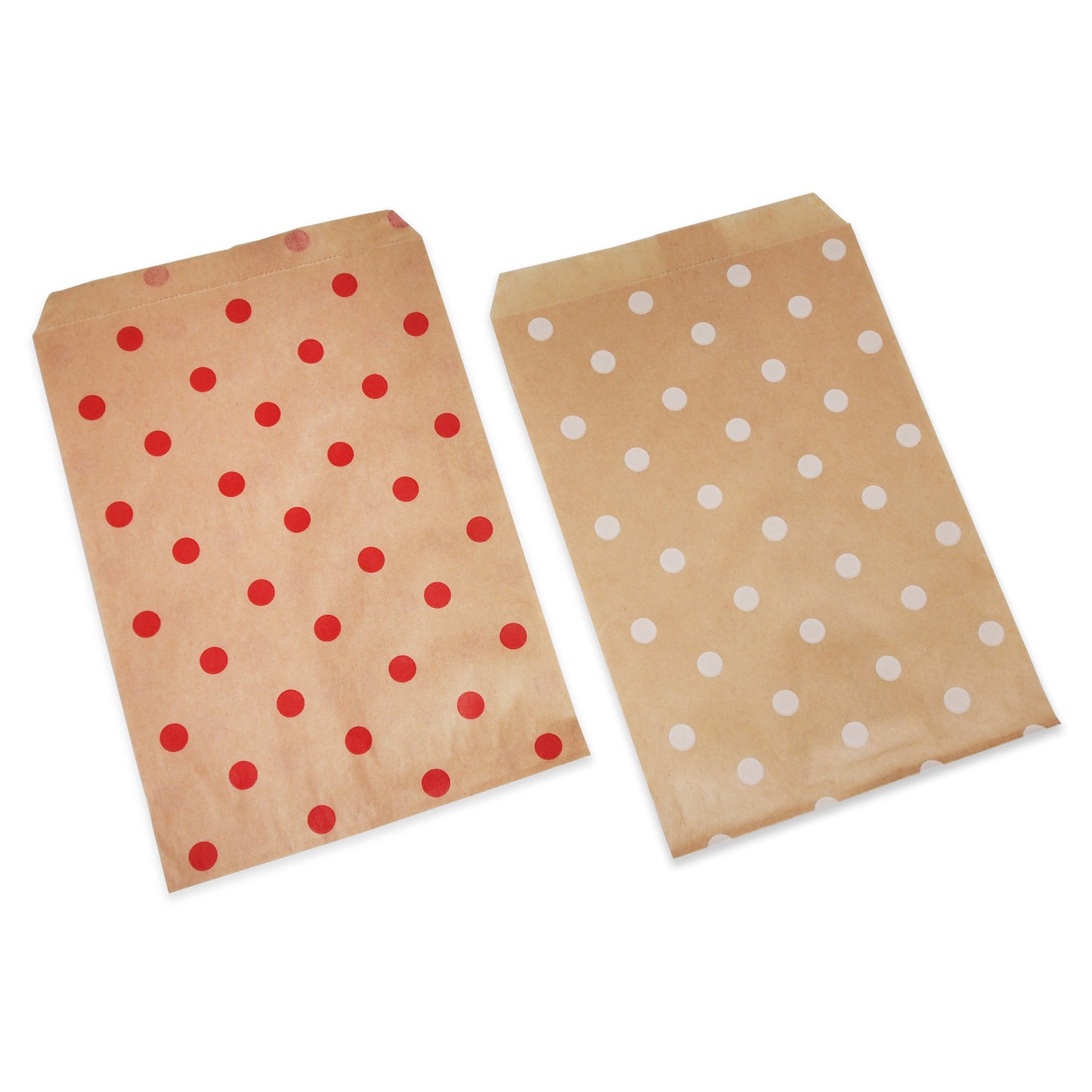 Red or White Polka Dots on Brown Flat Paper Bags -100Bags/Pack- Multiple Sizes