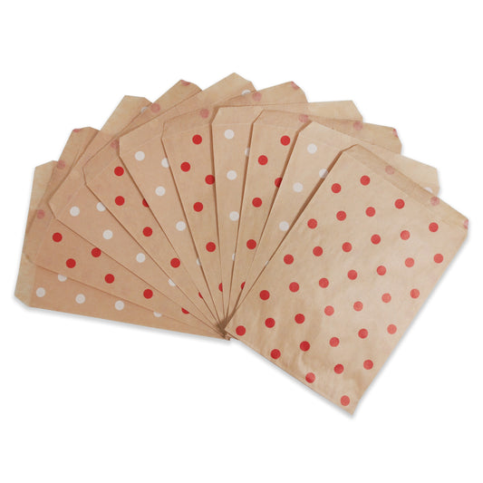 Red or White Polka Dots on Brown Flat Paper Bags -100Bags/Pack- Multiple Sizes
