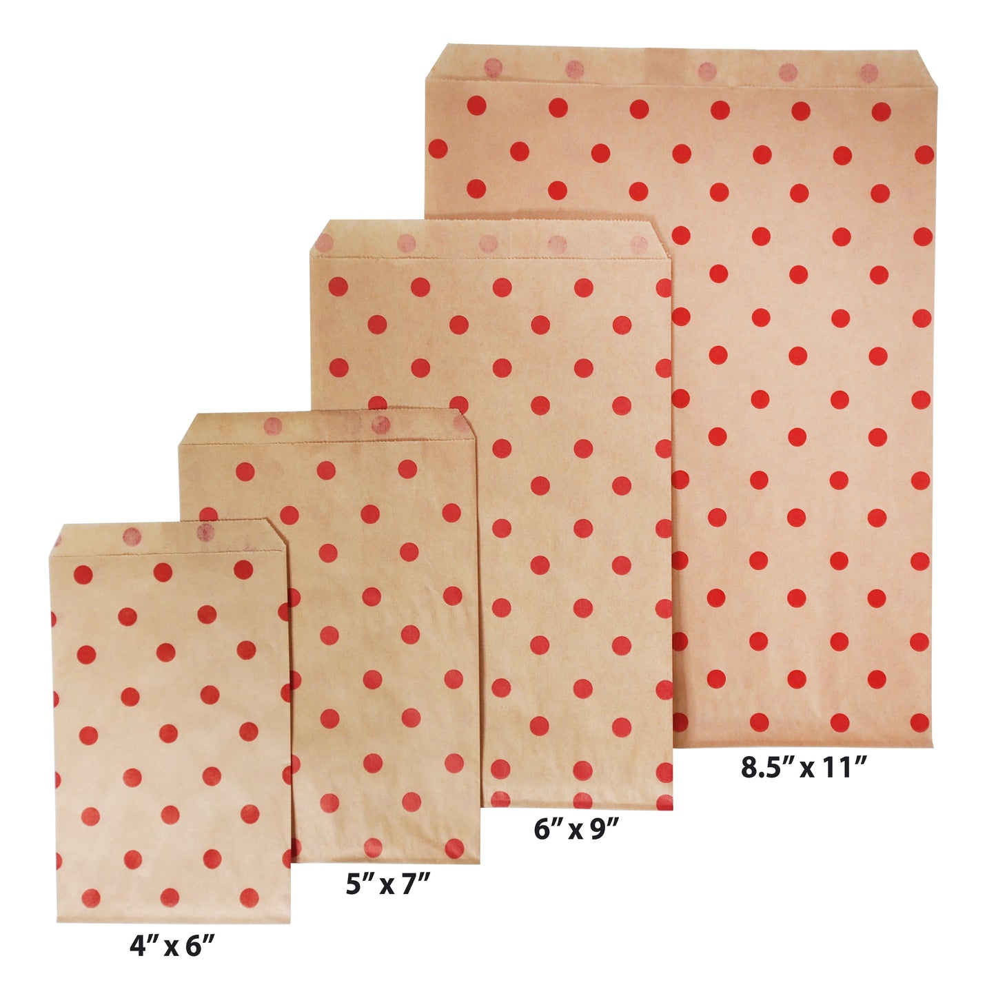 Red or White Polka Dots on Brown Flat Paper Bags -100Bags/Pack- Multiple Sizes