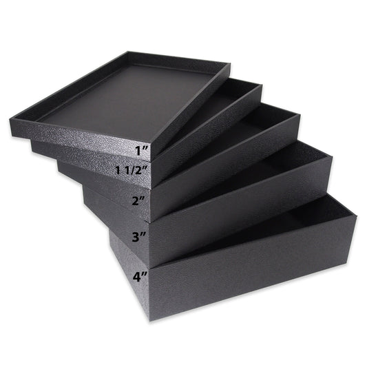 Standard Black Utility Trays Stacked up sizes 1" tall through 4" tall
