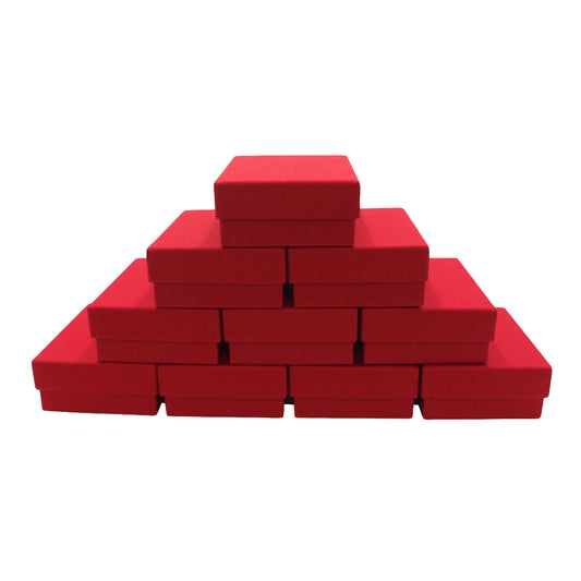 10 Red Kraft cotton filled boxes stacked for display