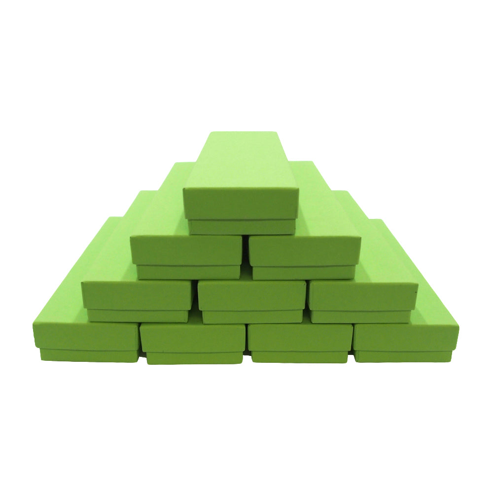 10 Long Light Green Cotton Filled Boxes stacked in a pyramid shape for display