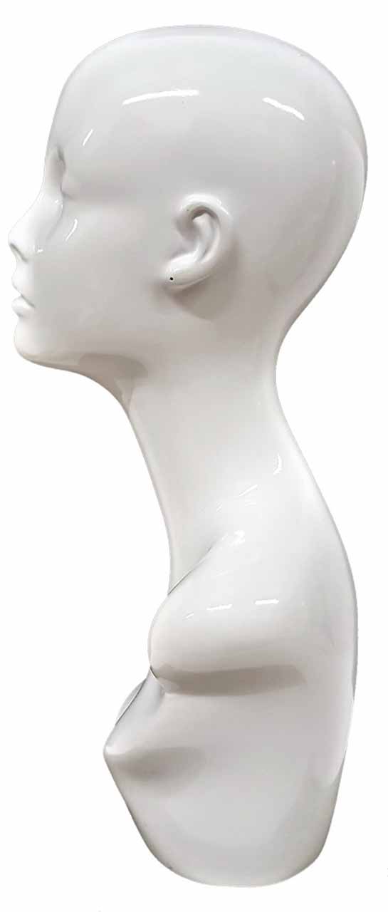 White Female Fiberglass Mannequin Head with Pierced Ear, Left Side