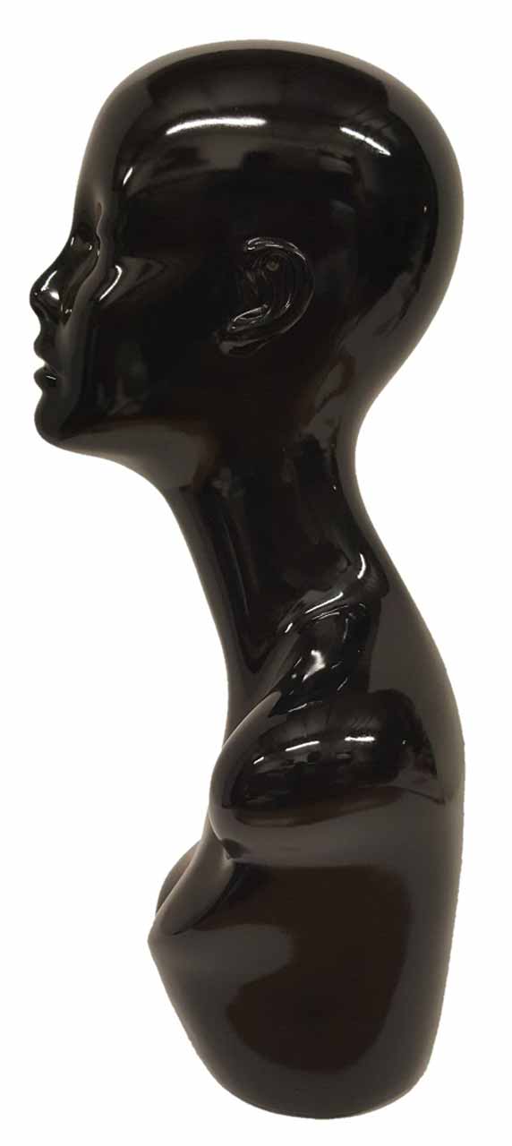 Glossy Black Female Fiberglass Mannequin Head with Pierced Ear, Left Side