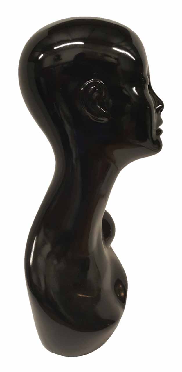 Glossy Black Female Fiberglass Mannequin Head with Pierced Ear, Right Side
