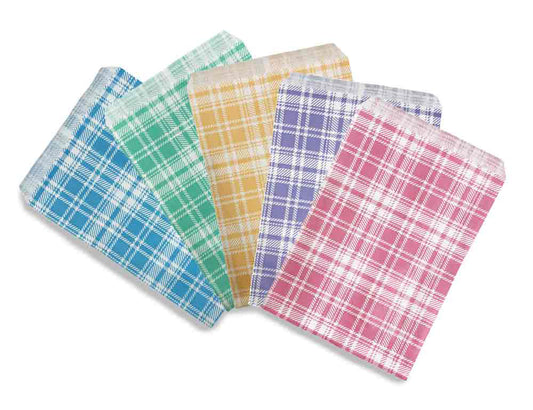 Assortment of Colorful Plaid Flat Paper Bags - 100Bags/Pack - Multiple Sizes
