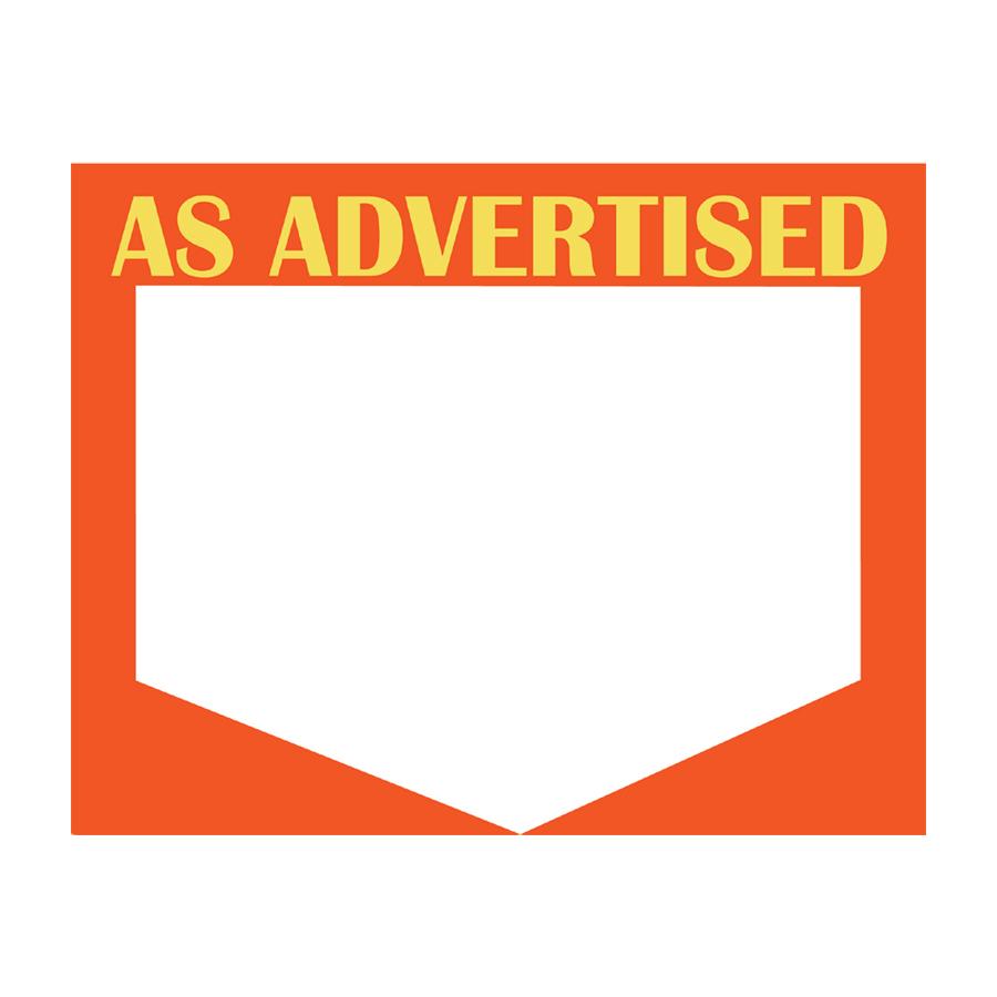 Large Paper "AS ADVERTISED" Store Message Signs (50Pcs/Pack)- 7"W x 5 1/2"L