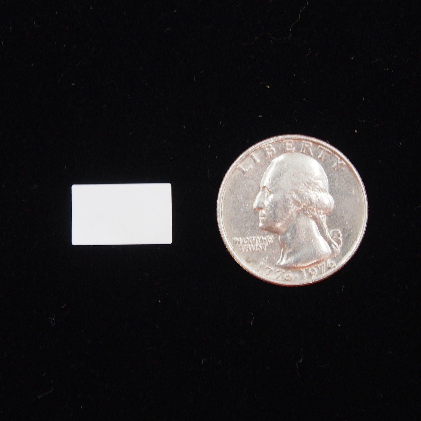 Rectangular Self Adhesive Plain Label - (3/8" x 5/8") next to a U.S. Quarter