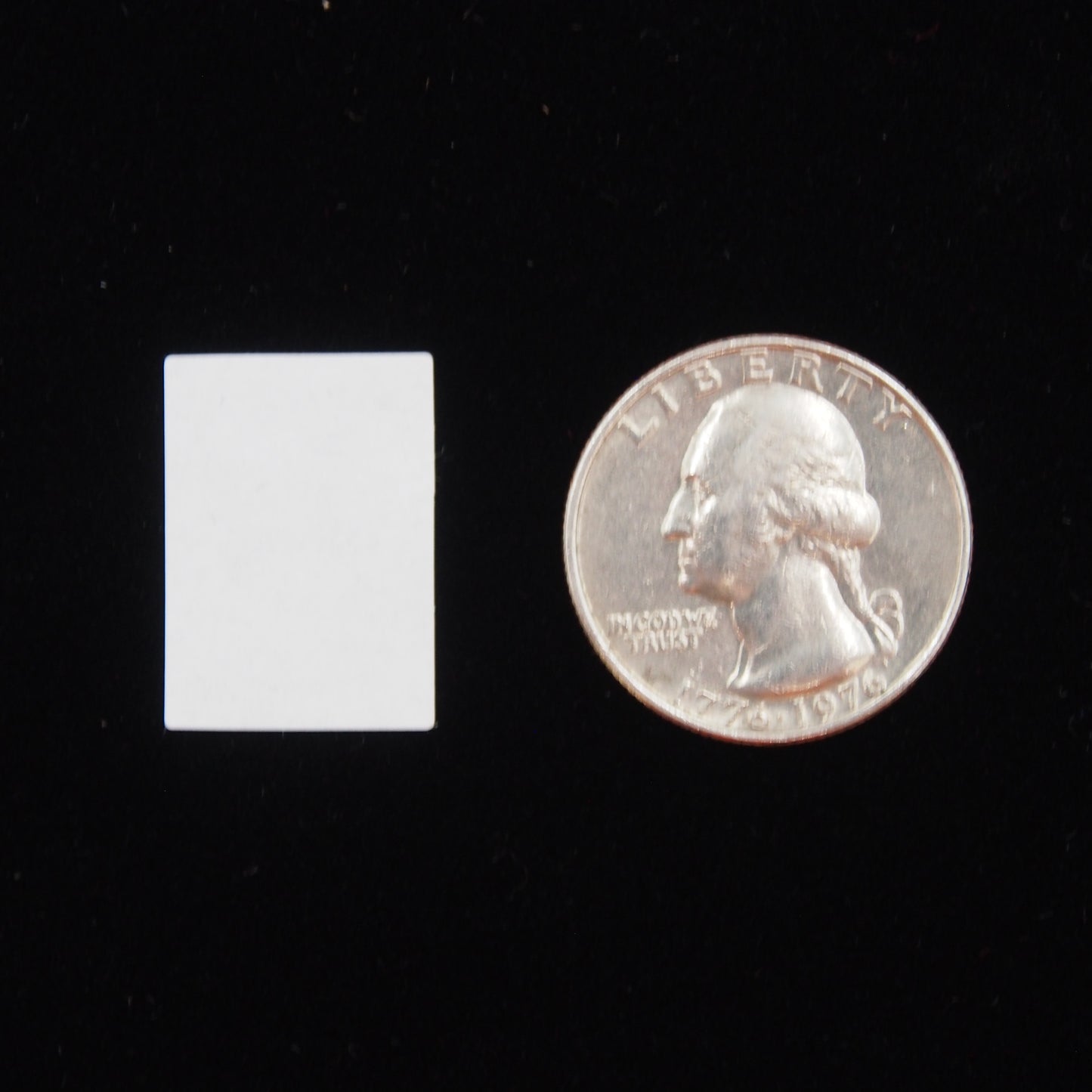 Rectangular Self Adhesive Plain Label - (5/8" x 7/8") Next to a U.S. Quarter