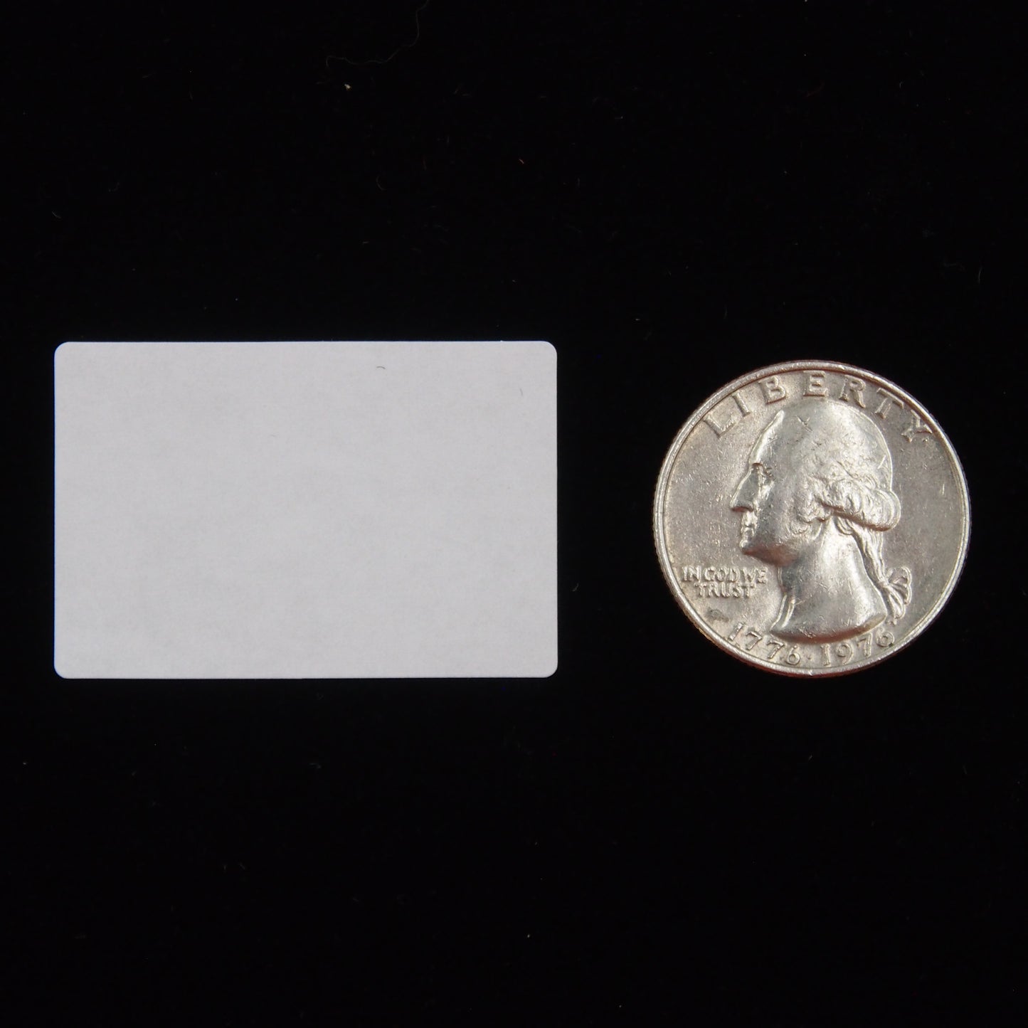 Rounded Edge Rectangular Self Adhesive Plain Label - (1" x 1 1/2") next to a U.S. Quarter