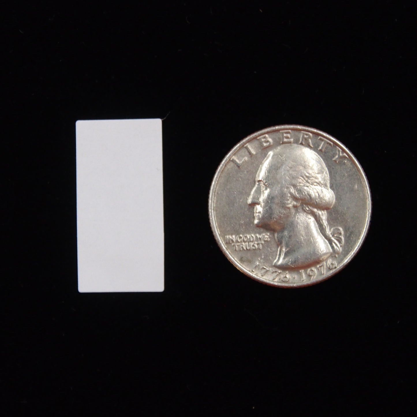 Rectangular Self Adhesive Plain Label (1/2" x 1") next to a U.S. Quarter