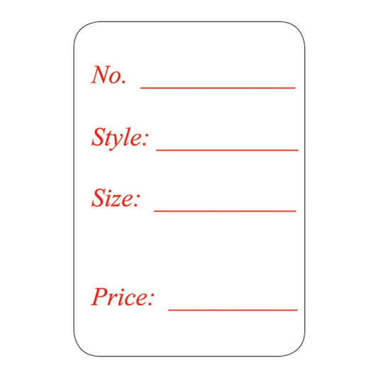 1 1/8" x 1 5/8"H Self Adhesive Pre-Printed "No. Style: Size: Price:" Labels (500 labels)