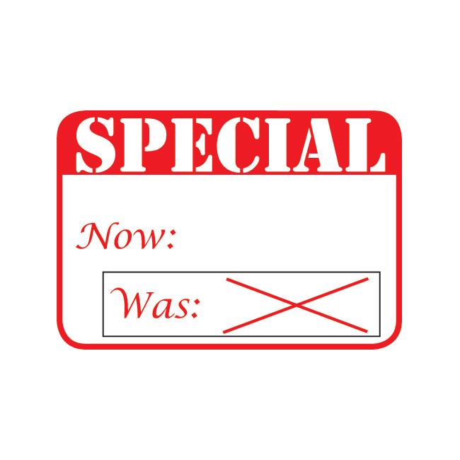 1 5/8" x 1 1/8"H Self Adhesive Pre-Printed "SPECIAL Now: Was: X" Labels (500 labels)