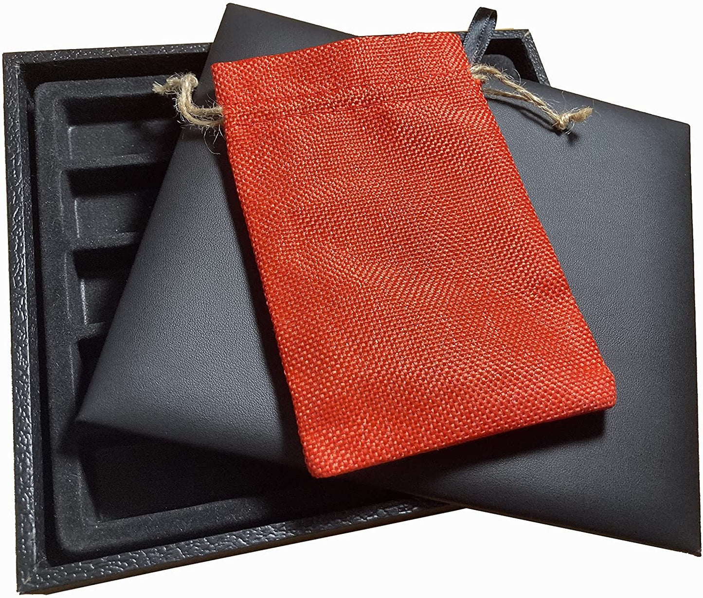 Black Leatherette Deluxe Dice Tray with Padded Insert and Colored Burlap Pouch - For RPG / Tabletop / DnD / Dice Rolling