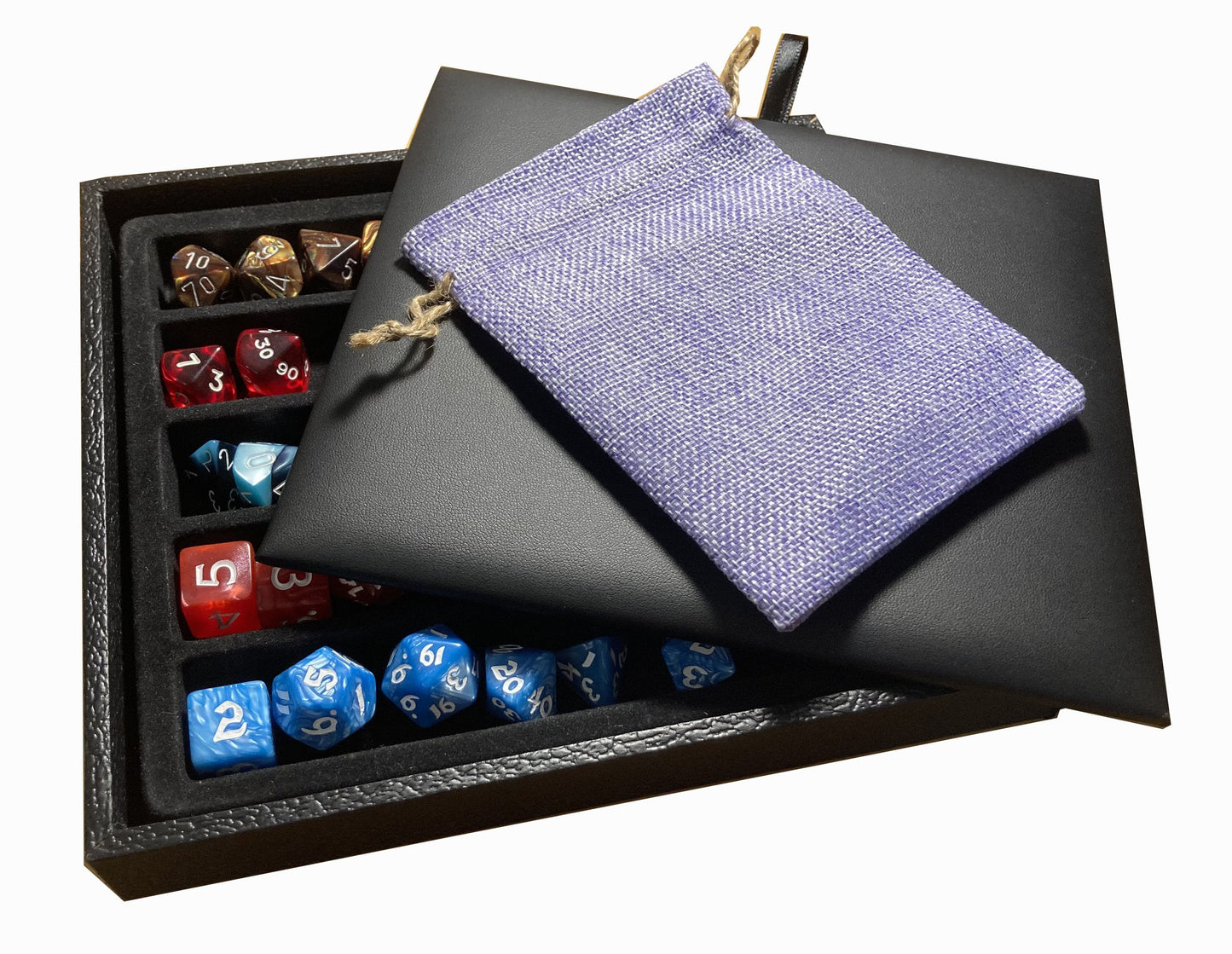 Black Leatherette Deluxe Dice Tray with Padded Insert and Colored Burlap Pouch - For RPG / Tabletop / DnD / Dice Rolling