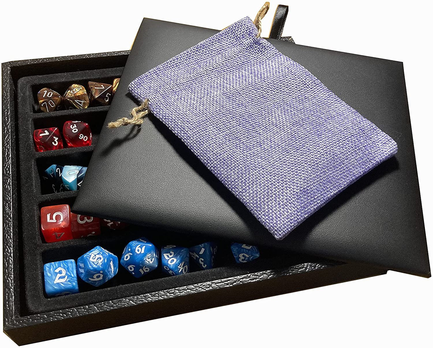 Black Leatherette Deluxe Dice Tray with Padded Insert and Colored Burlap Pouch - For RPG / Tabletop / DnD / Dice Rolling