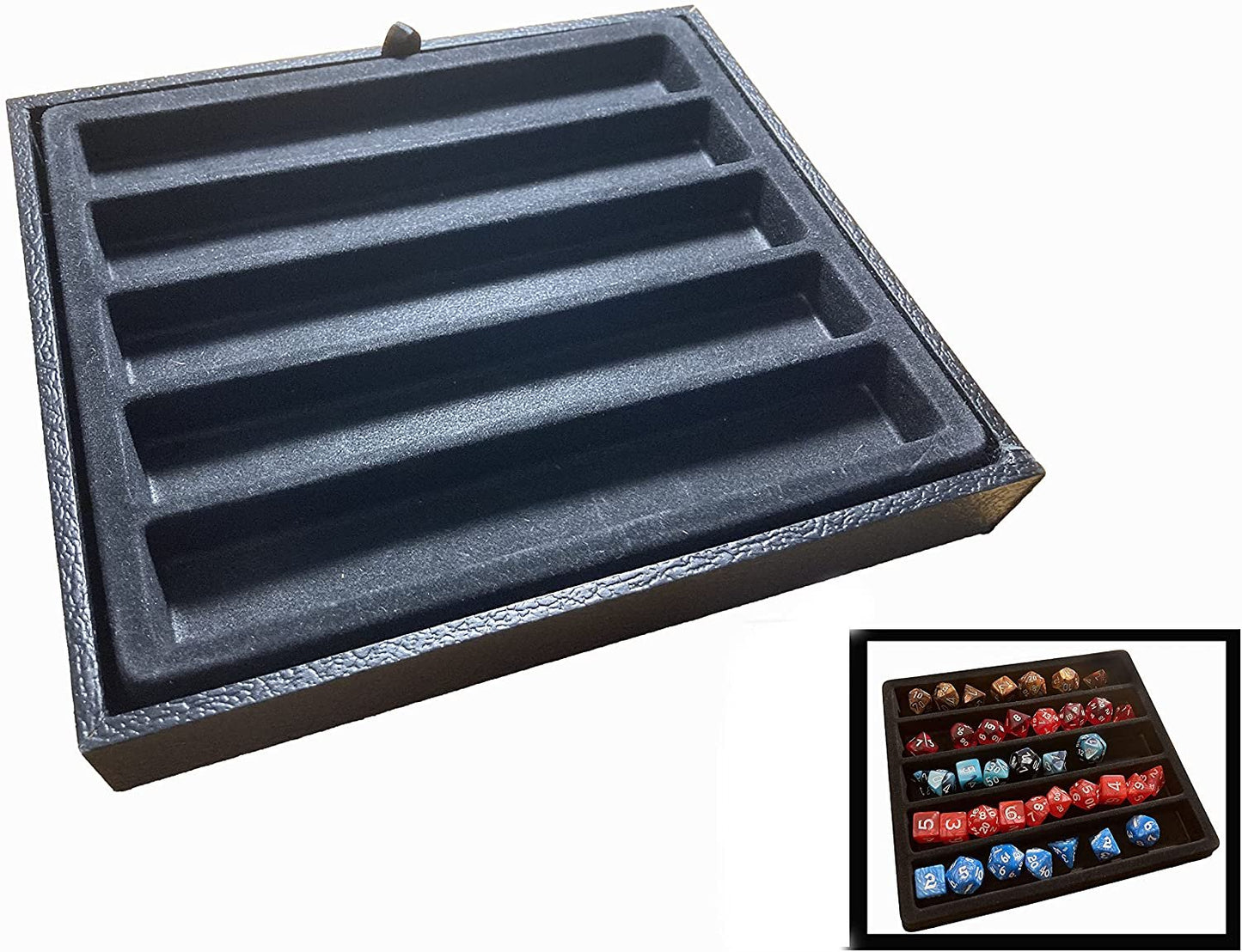 Black Leatherette Deluxe Dice Tray with Padded Insert and Colored Burlap Pouch - For RPG / Tabletop / DnD / Dice Rolling